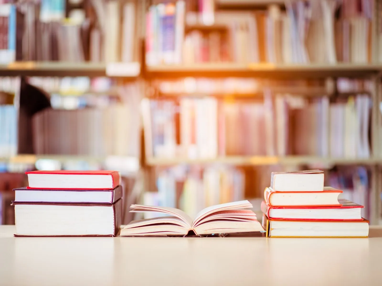 An open book sits between stacks of colorful hardcover books on a library table, with blurred bookshelves in the background